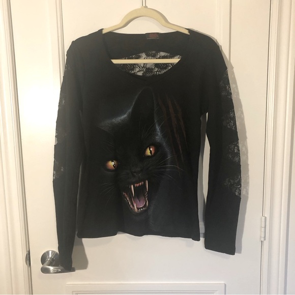 SPIRAL CLOTHING Cat Top, Black w/ Lace, Goth, Women’s Size L - Picture 1 of 8